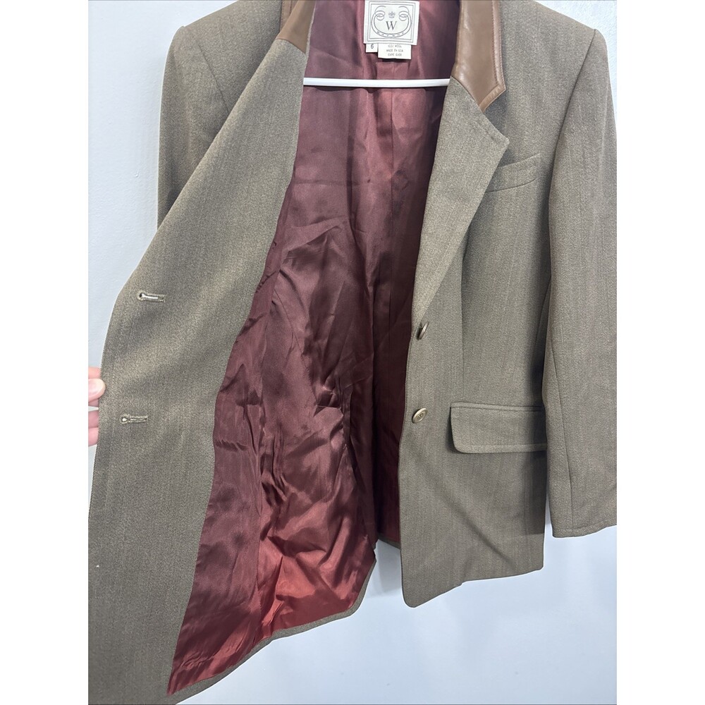 Wathne Women’s 100% Wool Jacket Coat With Leather Collar And Sleeve Patch Size 6 - Picture 7 of 13